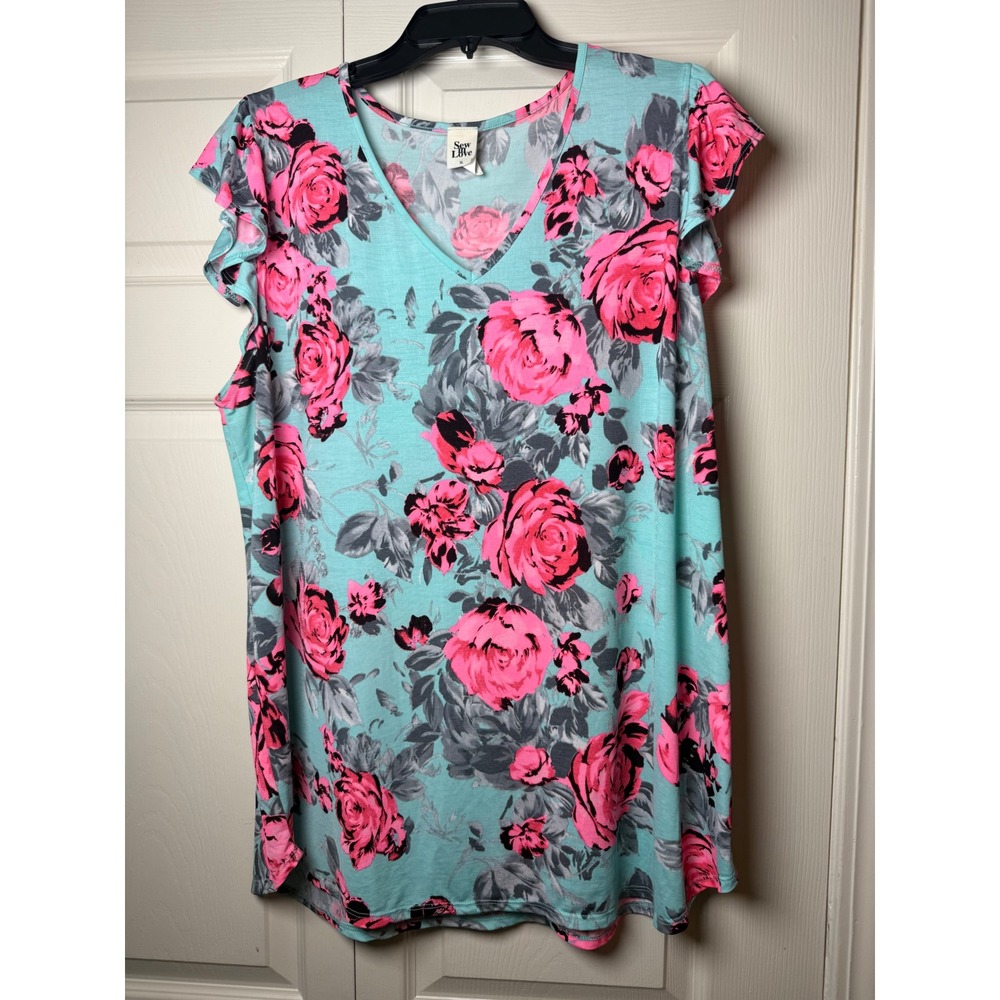 Sew In Love Womens XL Aqua Pink Floral Ruffle Sleeve V-Neck Blouse‎ Top